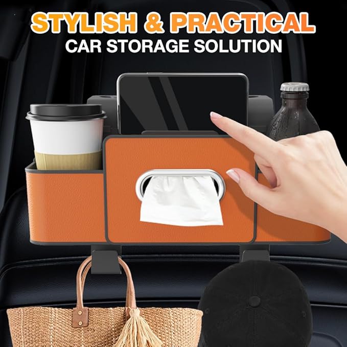 3-in-1 Car Backseat Organizer with Cup Holder, Tissue Box, Trash Bin & Hooks, 2026 Multifunctional Back Seat Car Organizer for Phones, Snacks, Drinks, and Handbags (white)