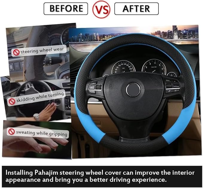 Pahajim Steering Wheel Cover Flat Bottom, D Shaped Car Steering Wheel Wrap PU Leather Anti Skid 14.5-15 Inch (37-38cm) Cubre Volantes Carros for Women Men (White)