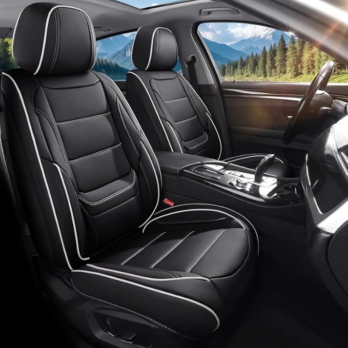 Car Seat Covers Full Set Custom Fit for Ford Explorer2001-2025 2026-Luxury Leather with Lumbar Support, Breathable, Waterproof, Anti-Slip, Durable, Easy to Install (Black&White,Full Set)