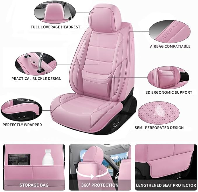 Car Seat Covers Full Set Custom Fit for Chevy Malibu 2000-2025 2026 - Premium Leather with Lumbar Support, Breathable, Anti-Slip & Excellent Seating Experience (Pink, Full Set)