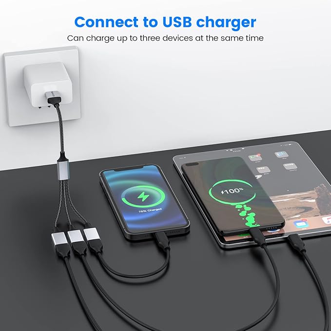 MOGOOD 3 in 1 USB Splitter Cable, Portable USB 2.0 Hub for Charging, Data Transfer, Laptop, Mac