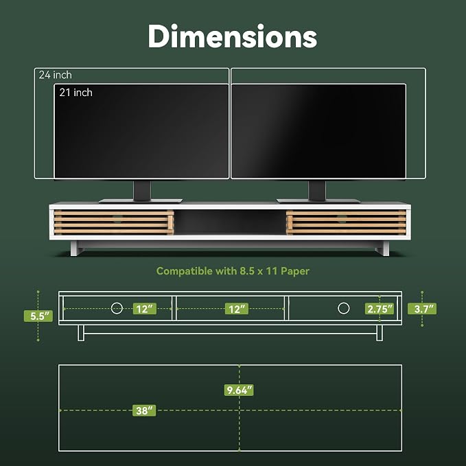 Dual Monitor Stand Riser with Sliding Door, Double Computer Laptop Stand Desk
