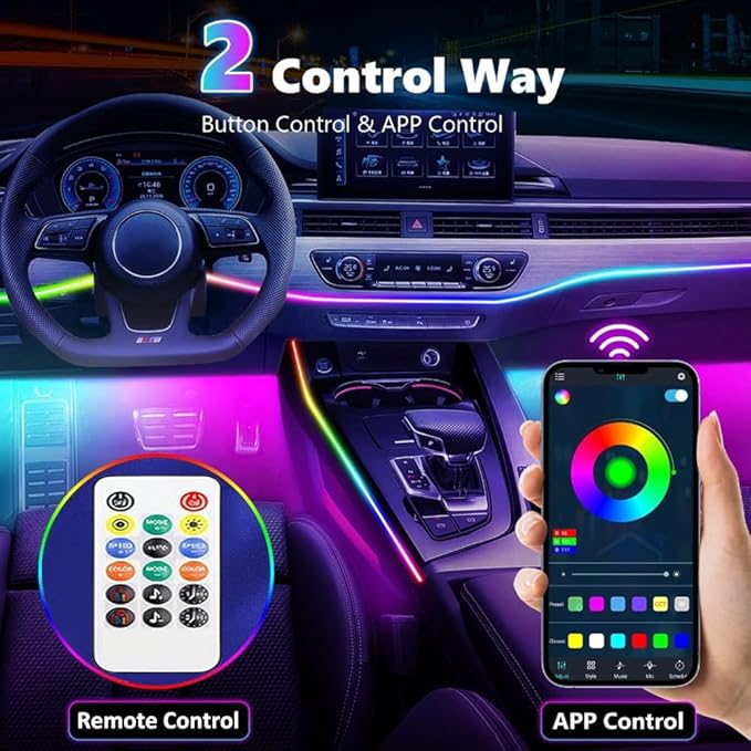 Ambient Lighting Car led Lights Interior,116in USB Dreamcolor 4 in 1 Acrylic Neon Flexible Strip Fiber Optic LED Ambient Lighting Kits with Remote APP, RGB Music Lights Sync for Inside car Decorations