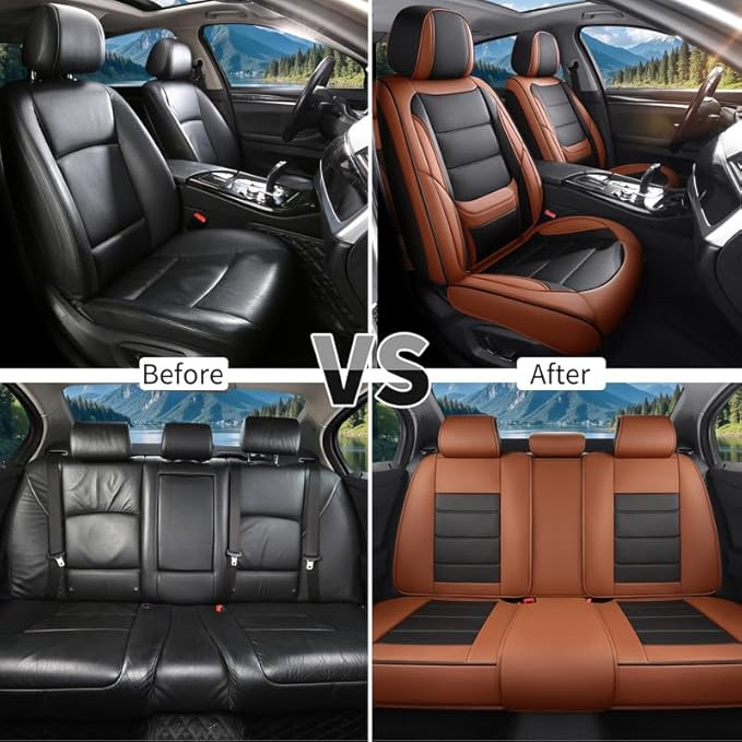 Car Seat Covers Full Set Custom Fit for Mercury Grand Marquis 1995-2011-Luxury Leather with Lumbar Support, Breathable, Waterproof, Anti-Slip, Durable, Easy to Install (BlackBrown,Full Set)