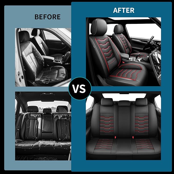 Fit Frontier Car Seat Covers Compatible with Nissan Frontier 2010-2025 2026 - Premium Leather， Waterproof， All-Weather Seat Cushion Protecto&Airbag Compatible (2 Front Seat Red Line Black)