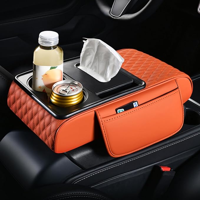 5-in-1 Car Armrest Pad Cushion, Water Ripple Embossed Center Console Booster Pad with Tissue Box, Cup Holder, Storage Bag, Phone Slot, Fit for Most Sedan Vehicles (Water Ripple Series, Black)