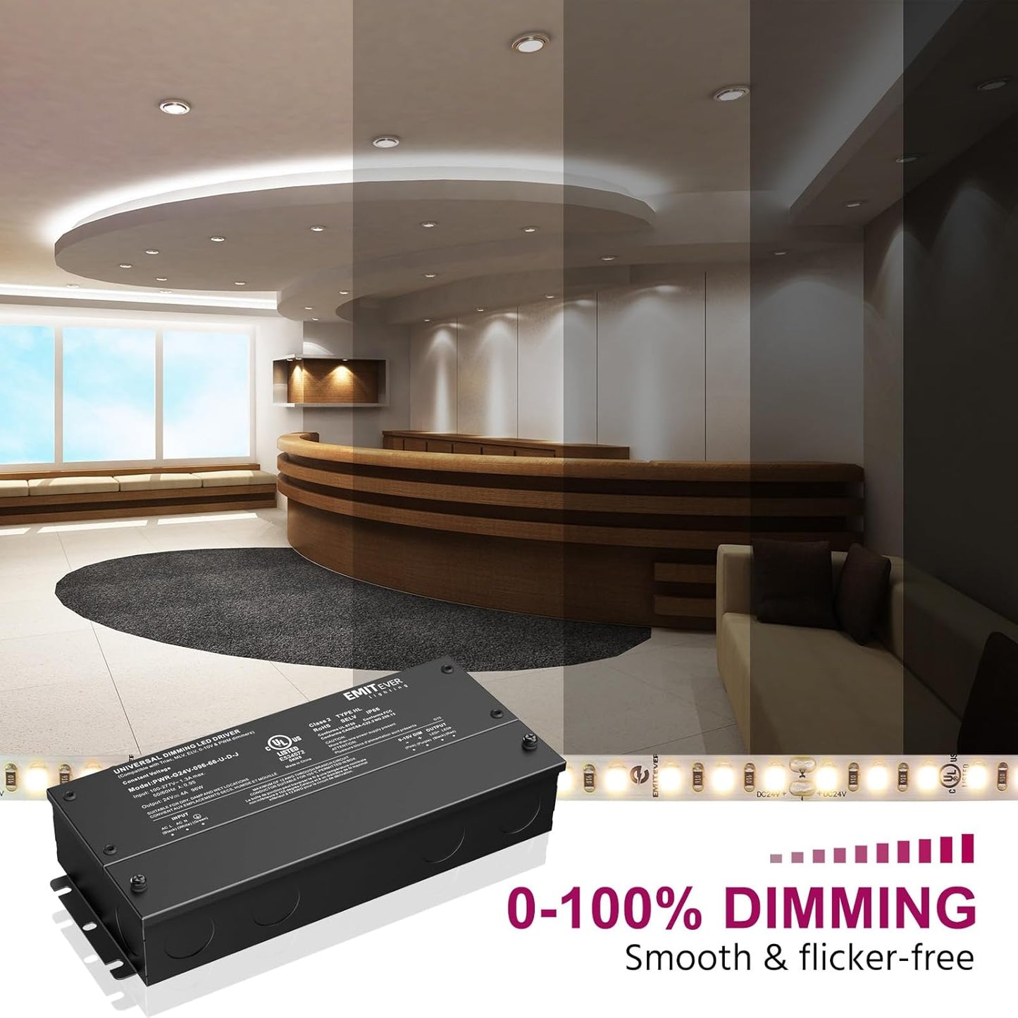 EMITEVER Dimmable Led Driver, 2 Packs 96W AC 110V-277V to DC 24V Transformer, 5-in-1 Dimming: ELV/MLV/TRIAC / 0-10V / 1-10V / 10V PWM/Potentiometer, Waterproof IP67 and UL Listed