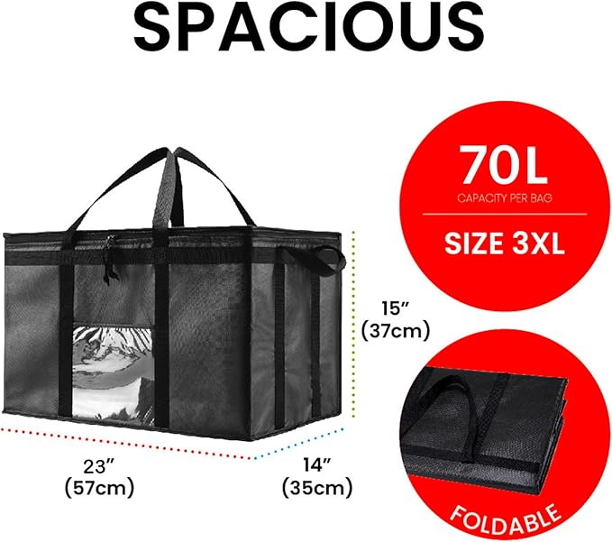 NZ home Insulated Bags for Food Delivery (3XL) Grocery Shopping Cooler Bag, Pizza Delivery, Hot & Cold Catering Tote, Reusable, Foldable & Heavy Duty (Black)
