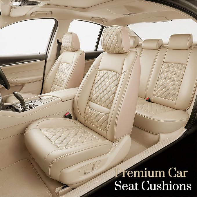 Fit Elantra Car Seat Covers for Hyundai Elantra 2017-2025 2026 - Premium Leather, Waterproof, All-Weather, Airbag Compatible, Anti-Slip, Breathable, Seat Protectors, Full Set, Beige