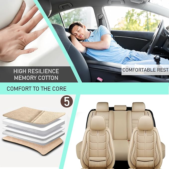 Leather Car Seat Covers Fit for Toyota Camry 2002-2024, 5 Seater Car Seat Cover, Premium Waterproof, Scratch Resistant Car Interior Accessories (Full Set Beige)