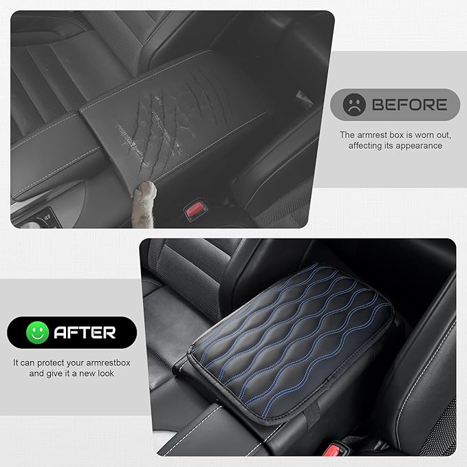 Amiss Auto Center Console Pad, Universal Waterproof Armrest Seat Box Cover, Car Interior Accessories, Leather Auto Armrest Cover Protector for Most Vehicle, SUV, Truck (Blue-Line)