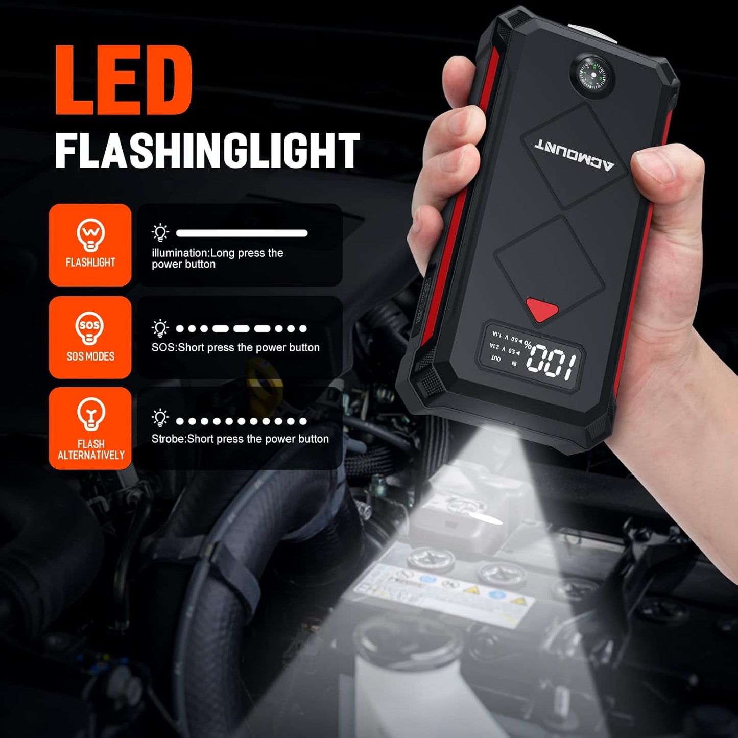 P100 Car Jump Starter, 5000A Peak Lithium Jump Starter Battery Pack for Up to 10.0L Gas or 8.0L Diesel Engine, Safe 12V Portable Battery Starter Power Pack with LED Screen & LED Light