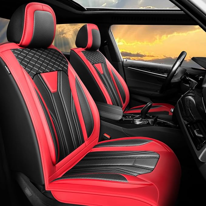 Fit Murano Car Seat Covers Compatible with Nissan Murano 2004-2025 2026 - Full Set Premium Leather， Waterproof Breathable， All-Weather Seat Cushion Protecto&Airbag Compatible （Red & Black