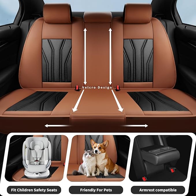 Fit Leaf Car Seat Covers Compatible with Nissan Leaf 2012-2025 2026 - Premium Leather， Waterproof Breathable， All-Weather Seat Cushion Protecto&Airbag Compatible (2 Front Seat Brown&Black)