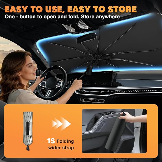 KUST Custom Fit Windshield Sun Shade Umbrella for Chrysler Pacifica Minivan 2017-2026 | Foldable Sunshade with Bendable Handle | Blocks Heat & UV Scratch Resistant Keep Cool Sunshield