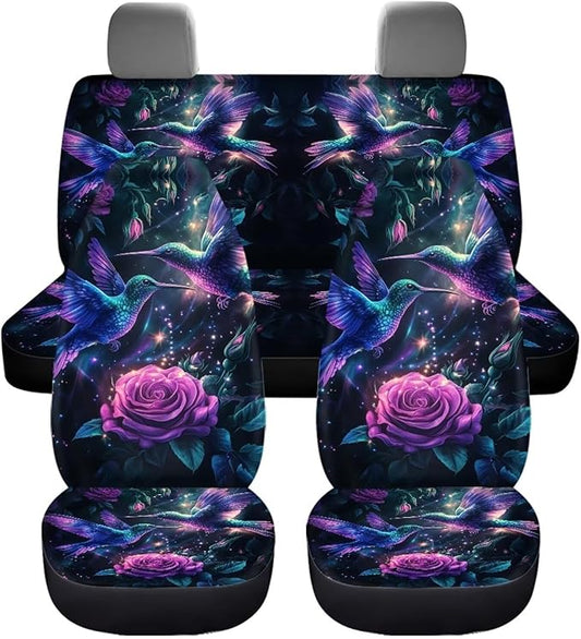 KEIAHUAN Purple Rose Hummingbird Car Seat Covers Full Set Car Front/Rear Seat Cover Universal Size Fit for Truck SUV Sedan Van for Women