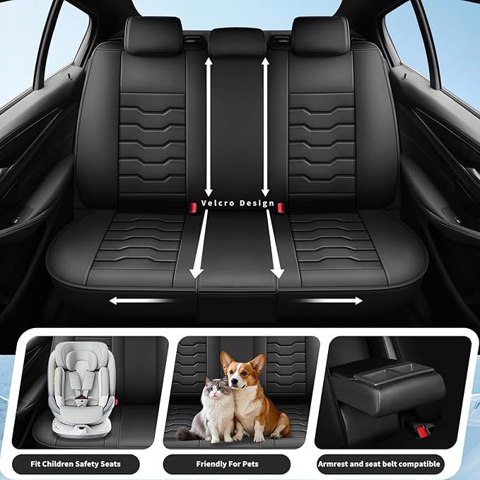 Fit Versa Car Seat Covers Compatible with Nissan Versa 2008-2025 2026 - Full Set Premium Leather， Waterproof Breathable， All-Weather Seat Cushion Protecto&Airbag Compatible（Full Set,Black