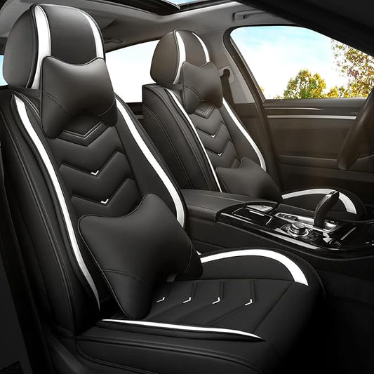 Car Seat Covers for Cadillac CTS 2003-2019, Premium Nappa Leather Car Seat Cover, Stylish Sport Seat Covers， Automobile Seat Cover Sets.(Luxury 2 Seats/Black White)