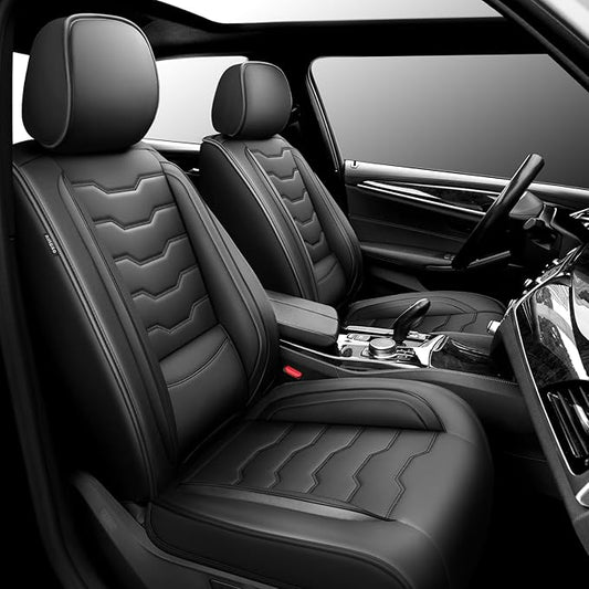 Fit Leaf Car Seat Covers Compatible with Nissan Leaf 2012-2025 2026 - Premium Leather， Waterproof Breathable， All-Weather Seat Cushion Protecto&Airbag Compatible (2 Front Seat Black)