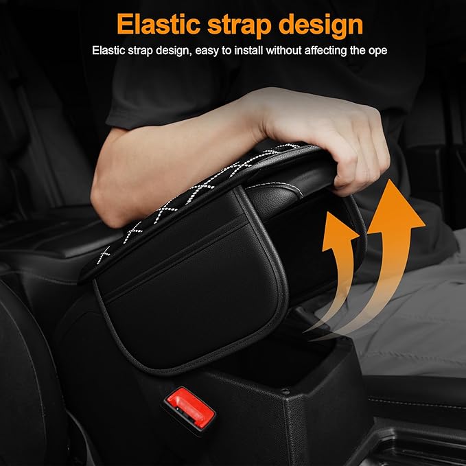 Bling Armrest Cover for Car Compatible with Jeep Cherokee - Center Console Cover with 2 Storage Pockets and Crystal Diamond(Black)