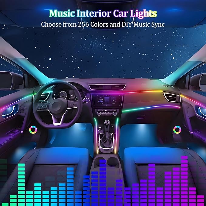 Interior Car LED Strip Lights,Acrylic LED Lights for Car with Dynamic Dreamcolor Chasing,175 inches 10 in 1 RGB Neon Strip Fiber Optic Ambient Lighting Kits with Remote APP,for Inside car Decorations