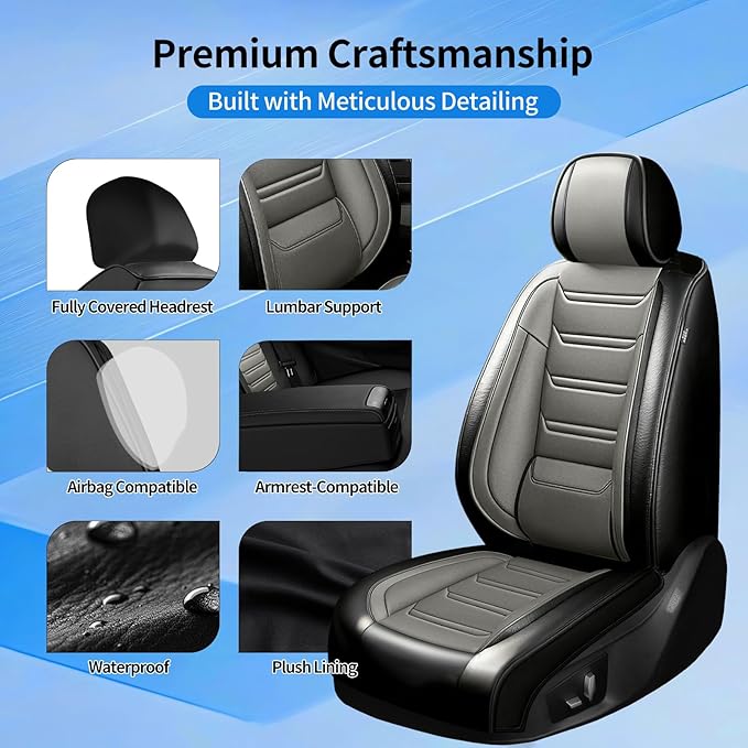 Car Seat Covers for Select Honda Fit 2007-2020, Premium Full Coverage Leather, Airbag Compatible& Scratch-Resistant, Waterproof & All Weather Breathable Seat Protector, Full Set, Black+Gray