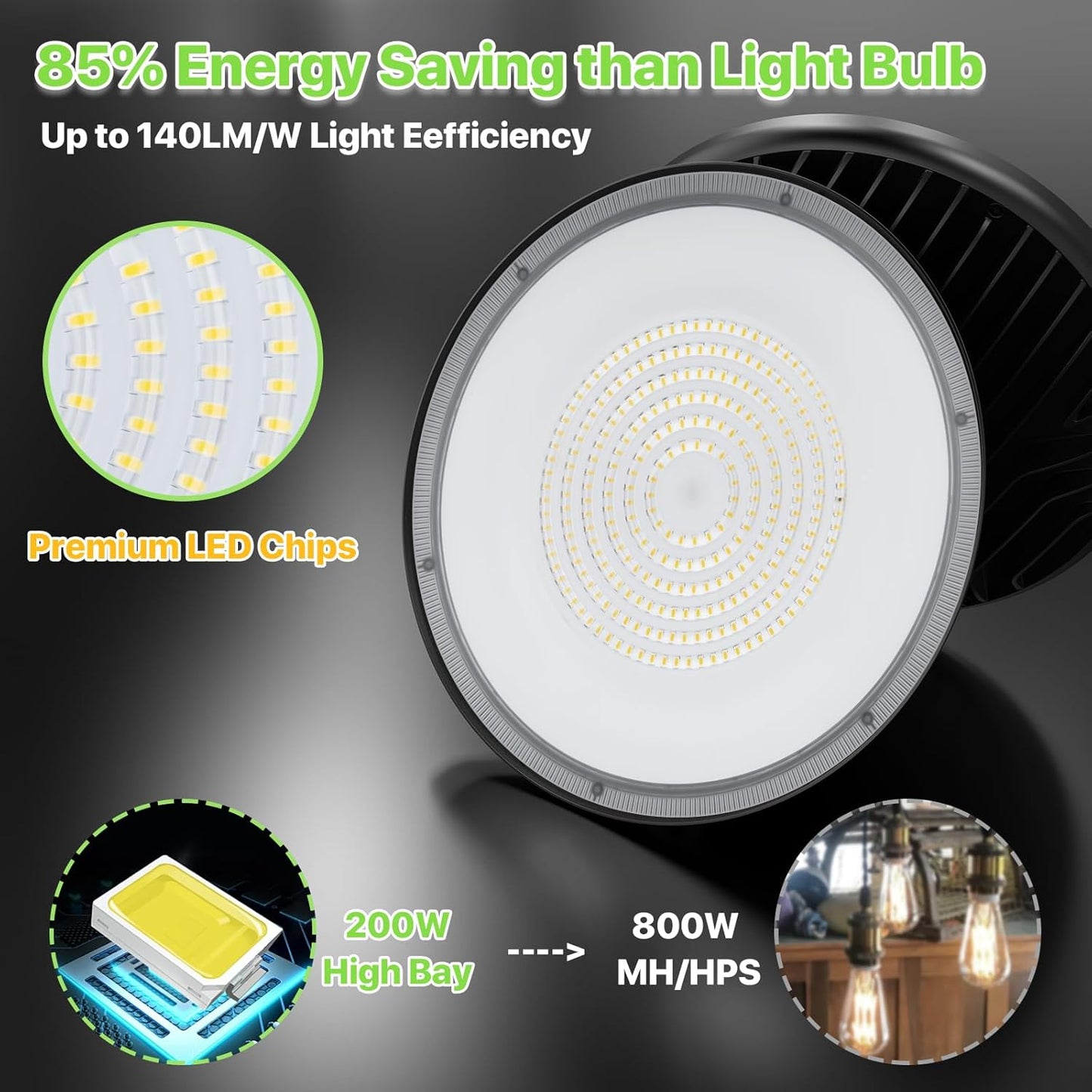 High Bay LED Shop Lights 200W - 28000LM 5000K IP65 Waterproof High Bay Lights with US Plug, Hanging Hook, 4 Pack Commercial Bay Lighting for Barn, Warehouse ETL Listed