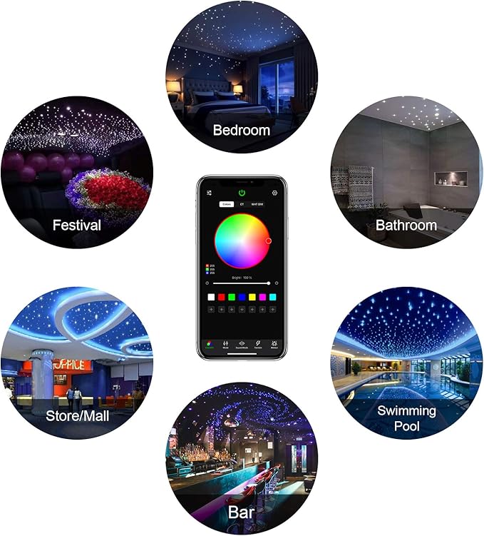 CHINLY 16W 300pcs 0.03in 9.8ft Car Use Bluetooth RGBW LED Fiber Optic APP&Remote Music Mode Starlight Headliner Light Kit+Adapter+Cigarette Lighter