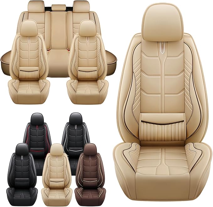 Leather Car Seat Covers Fit for Toyota Yaris 2007-2020, 5 Seater Car Seat Cover, Premium Waterproof, Scratch Resistant Car Interior Accessories (Full Set Beige)