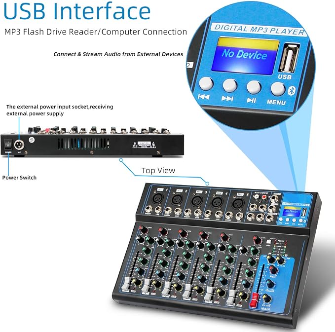 Depusheng HT7 Bluetooth Portable Audio Mixer w/USB DJ Sound Mixing Console MP3