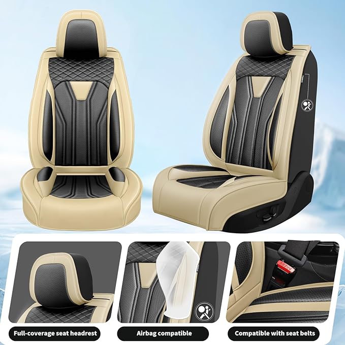 Fit Sentra Car Seat Covers Compatible with Nissan Sentra 2001-2025 2026 - Premium Leather， Waterproof Breathable， All-Weather Seat Cushion Protecto&Airbag Compatible (2 Front Seat Beige&Black)
