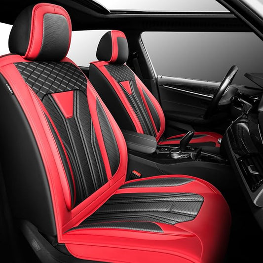 Fit Kicks Car Seat Covers， Compatible with Nissan Kicks 2018-2026 -Premium Leather, Waterproof Breathable All-Weather Seat Cushion Protector Airbag Compatible（2 Seats Front Pair，Red & Black