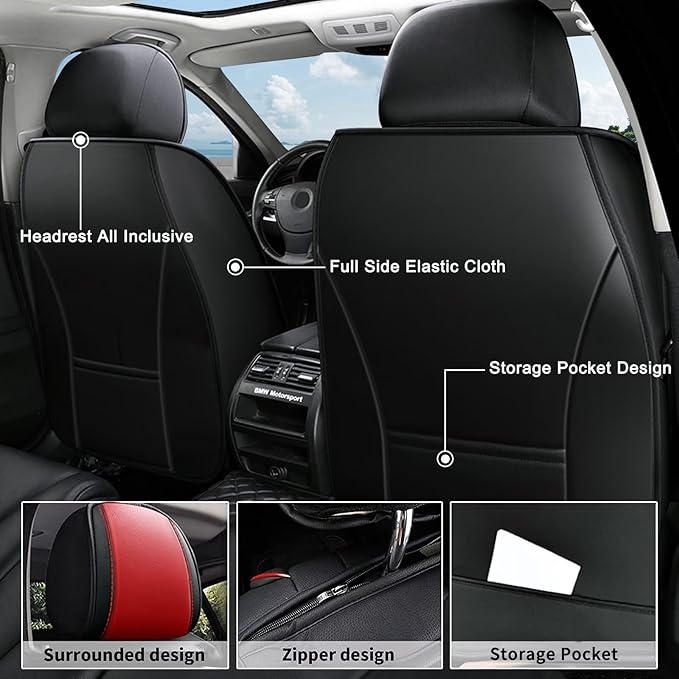AOMSAZTO Front Seat Covers Fit for Volkswagen Passat 1999-2023 Waterproof Faux Leather Car Seat Cover Compatible with Airbag(2PCS Front, Black&Red)