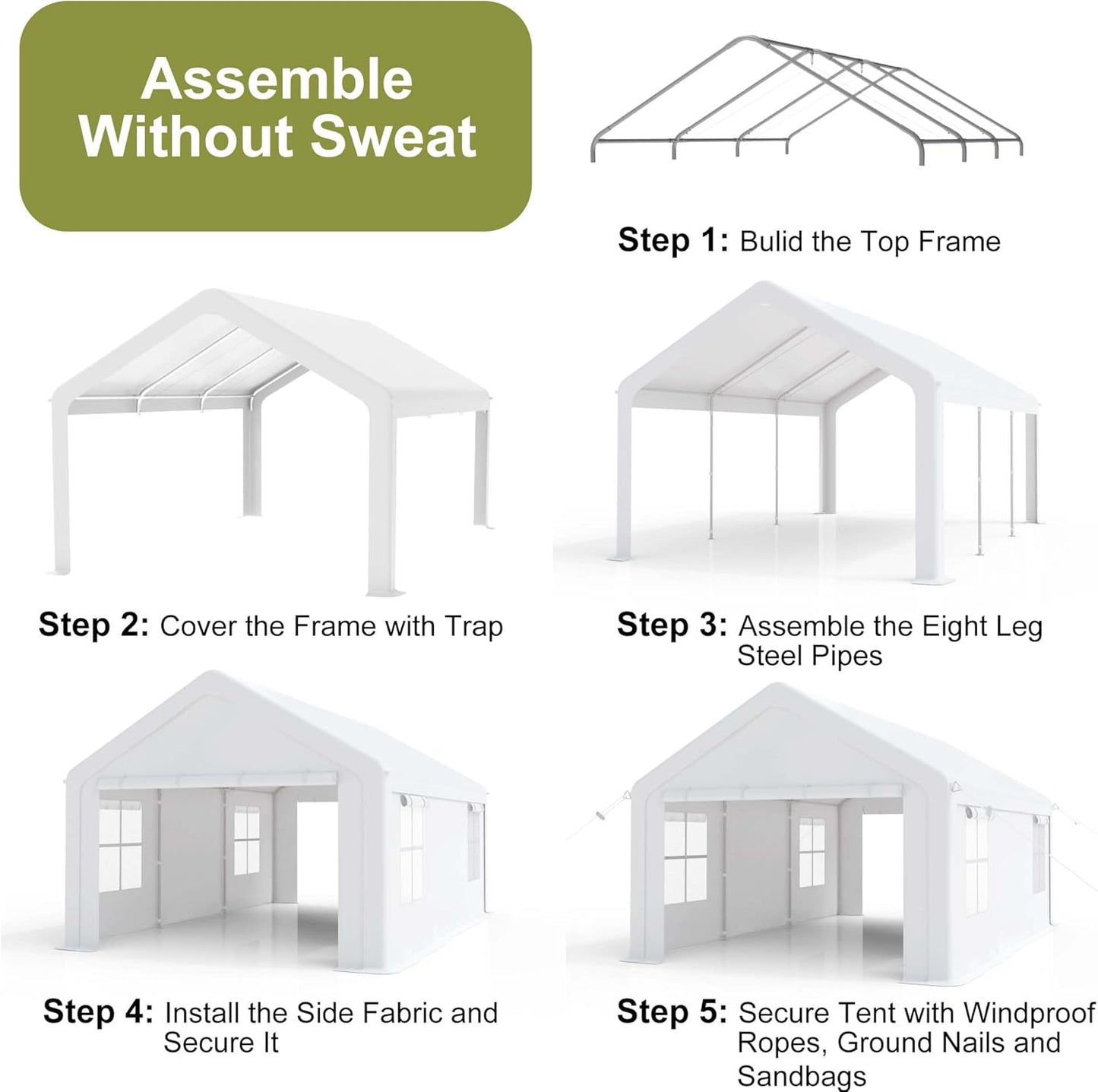 13x20ft Carport Heavy Duty, Portable Garage with 4 Doors + 4 Window, Upgraded Carport with Reinforced Steel Poles, Uv Resistant Waterproof Tarp, Portable Carport for Car, Truck, Boat