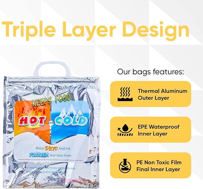 Superio Hot and Cold Insulated Bags for Food Delivery, Grocery Shopping Bags, Food Storage for Hot and Frozen Food for Travel, Disposable Cooler Bag, Reinforced Thermal Lunch Bag (6, 13.5"x17.5")