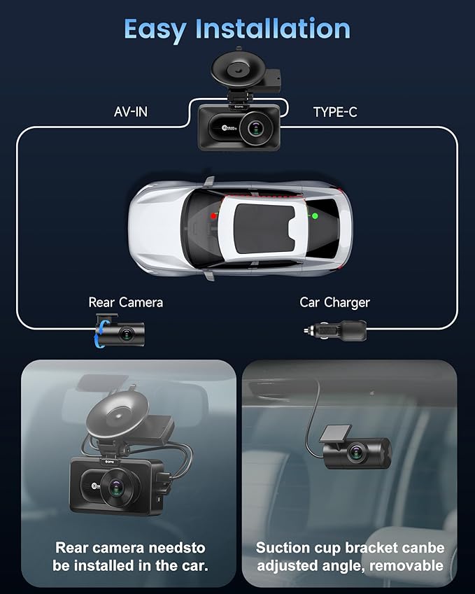 OMBAR Dash Cam Front and Rear, 4K/2.5K Ultra HD Dash Camera for Cars, Included 64GB Card, Built-in 5G Wi-Fi & GPS, 3.16” IPS Screen, Night Vision, 170°Wide Angle, HDR, 24H Parking Mode(T2)