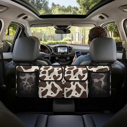 Brown Cow Print Car Trunk Organizer, Hanging Car Back Seat Storage Bag with 4 Pockets Waterproof Universal Automotive Accessories for Most SUVs Sedans Trucks Jeeps