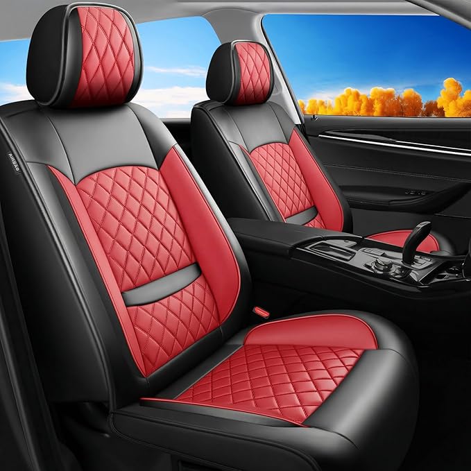 Santa Fe Seat Covers Custom Fit for Hyundai Santa Fe 2007-2026 (Only 5-Seat Version) - Full Set Premium Leather, Waterproof, All-Weather, Airbag Compatible, Only 2 Front seat Covers (Red)