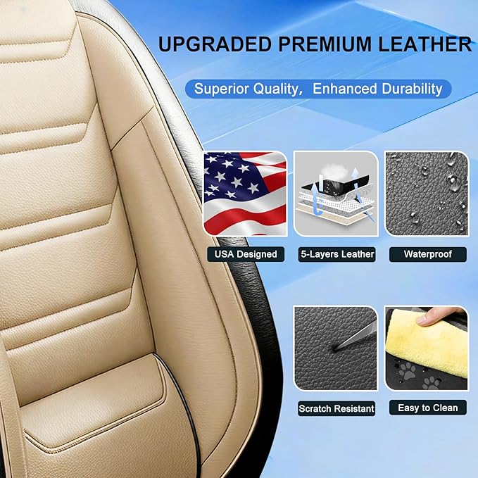 Fit CX-30 Car Seat Covers for Select Mazda CX30 2020-2025, Full Coverage Leather, Airbag Compatible, Luxury Waterproof All Weather Seat Protector, Full Set, Black+Beige