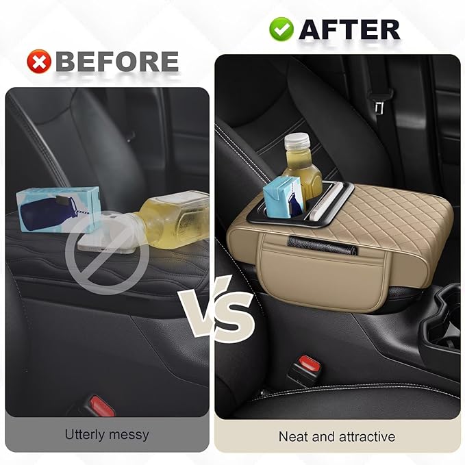 Center Console Cover Fit for Tacoma Faux Leather Car Armrest Cushion with Storage Bags, Cup Holder ＆ Phone Storage Multifunctional Middle Console Cover(Beige)