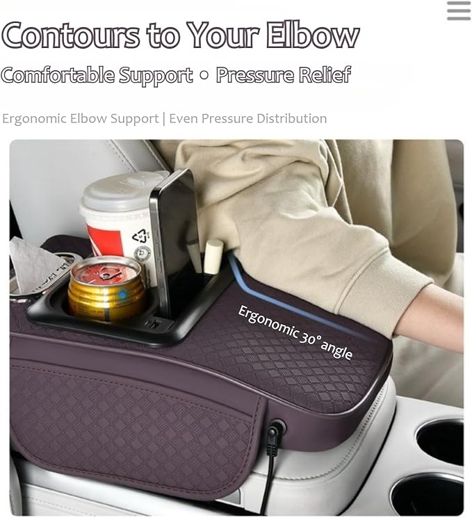 2026 Upgraded Car Center Console Cushion with 30w USB& Type-C Charging Ports, Leather Car Armrest Pad Cover, Interior Accessories for Most Vehicles (Ergonomic Sloped Version, Red)