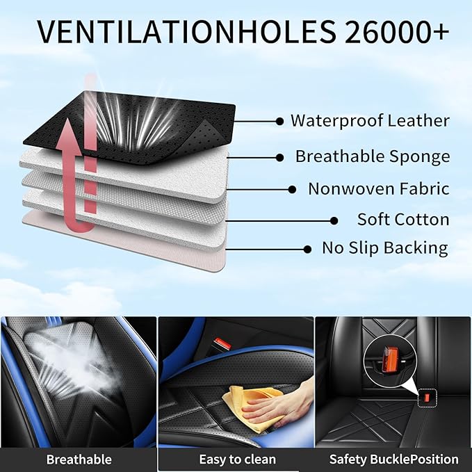 Car Seat Covers Compatible with Mazda 6 2007-2021, Full Coverage Premium Leather Waterproof Breathable Seat Covers, Automotive Seat Protectors, Airbag Compatible(Full Set Seats, Black-Blue)