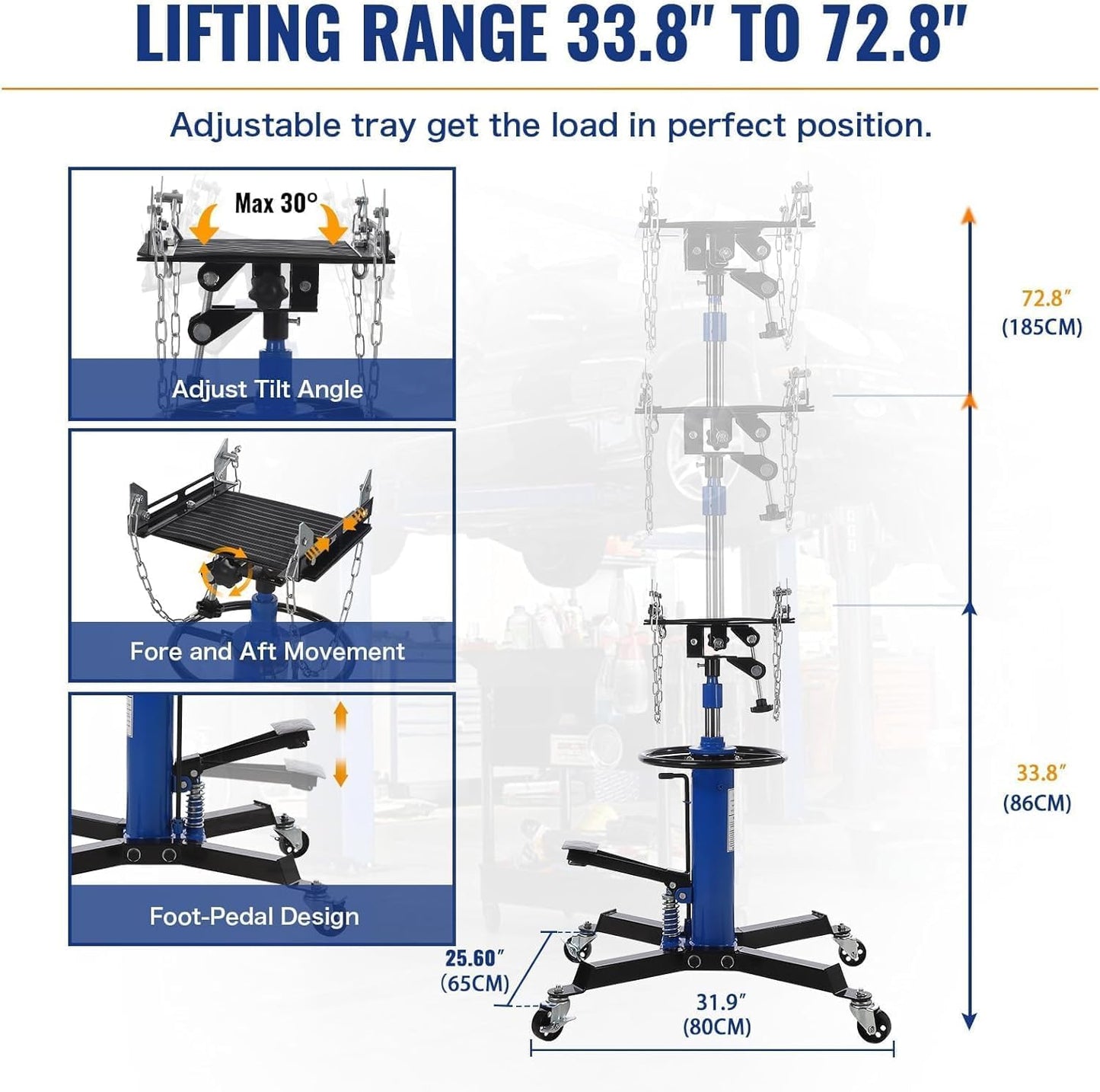 Transmission Jack 1100 LBS Hydraulic Telescoping 2-Stage Lift Jack Stand 33.8"-72.8" High Lift Transmission Jacks with Foot Pedal & 360° Swivel Wheels for for Garage/Workshop Car and Truck Repairs