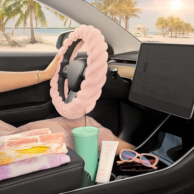 Carbella Twisted Fur Soft Pink Steering Wheel Cover, Standard 15 Inch Size Fits Most Vehicles, Fuzzy Fluffy Car Steering Cover with Soft Faux Fur Touch, Car Accessories for Women