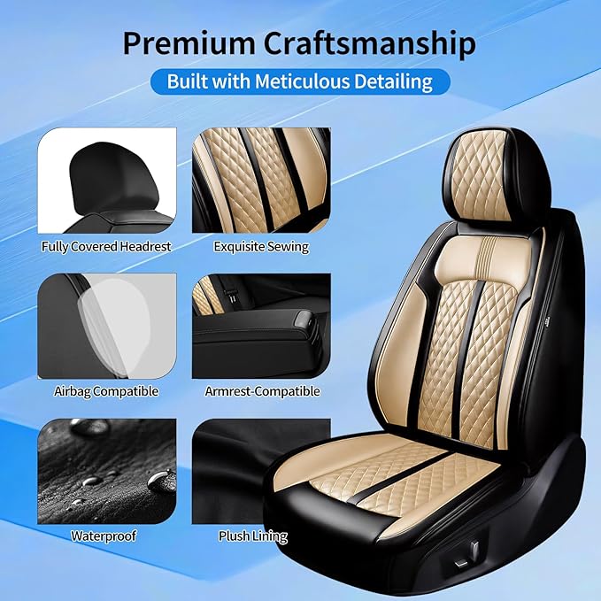 Fit Ridgeline Car Seat Covers for Select Honda Ridgeline 2007-2026 - Premium Full Coverage Leather, Airbag Compatible, Waterproof & All Weather Seat Cushion Protector, Front Pair Black+Beige