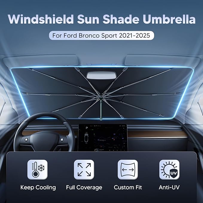 Autorder Windshield Sun Shade Umbrella for 2021-2025 Ford Bronco Sport Accessories,Upgraded Ice Crystal Material,Easy Setup Umbrella Sunshade for Car Windshield,100% Sun Blocking(Not for Bronco)