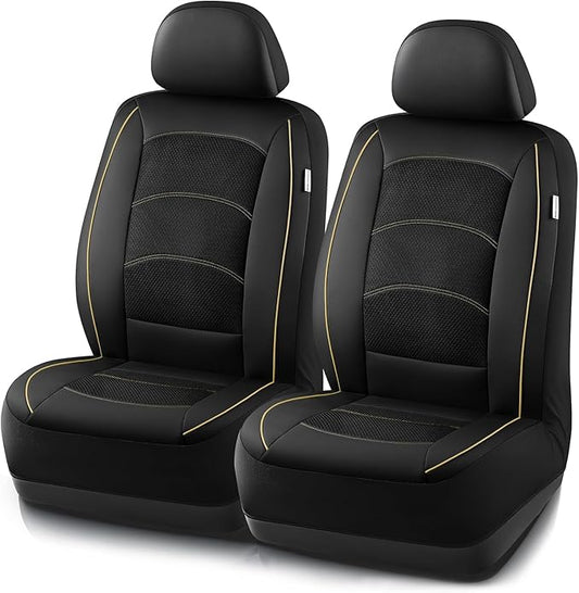 Road Comforts Car Seat Covers, Leather Front Seat Covers with Piping, Air-Cool Mesh Designed, Airbag Compatible Automotive Seat Covers for Most Car, Truck, Van, SUV - Black with Beige Piping