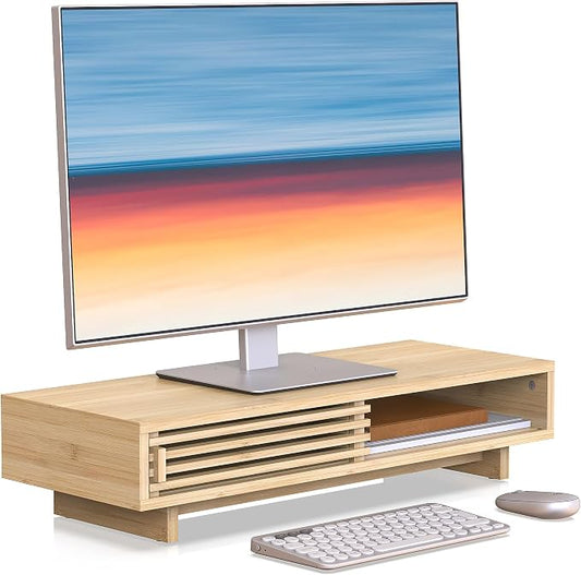 Monitor Stand Riser with Sliding Door, Computer Laptop Stand Desk Shelf