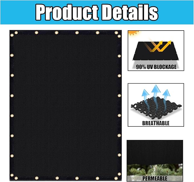 Amagenix 90% Shade Fabric 8'X 11' Black Sun Shade Cloth with Grommets for Pergola Replacement Shade Cover Canopy, Heavy Duty, Cable Zip Ties Included (We Customized)