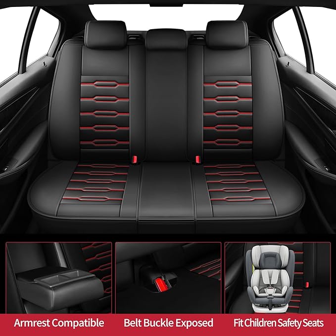 Fit Kona Car Seat Covers for Hyundai Kona 2018-2024 2025 2026 - Upgraded Premium Waterproof & Breathable Leather,Airbag Compatible, All-Weather Seat Cushion Protector(Full Set,Black+Red)